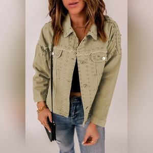 Frayed Trim Rivet Denim Jacket